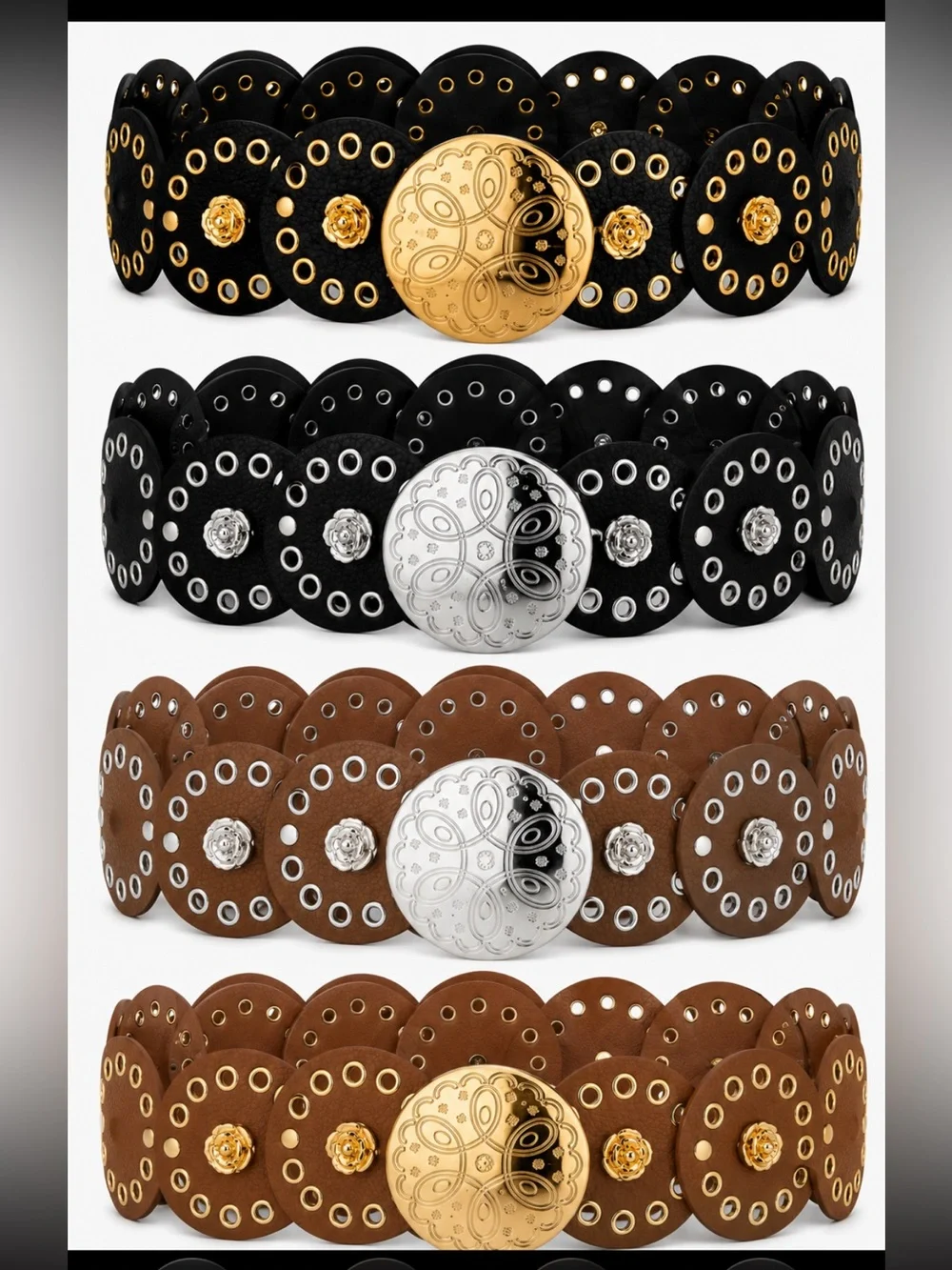 Boho Black & Brown Medallion Disc Belt Rosette Accent  – Gold or Silver Tone